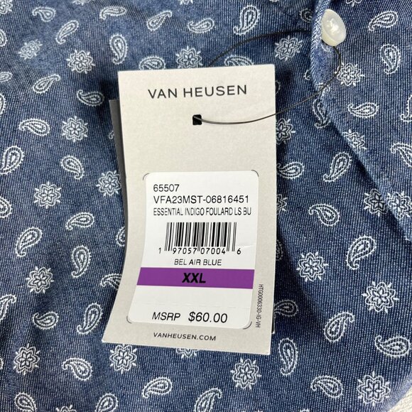 Van Heusen Button Front Shirt Mens Size 18-18.5 Blue New Slim Fit Never Tuck - Picture 10 of 11
